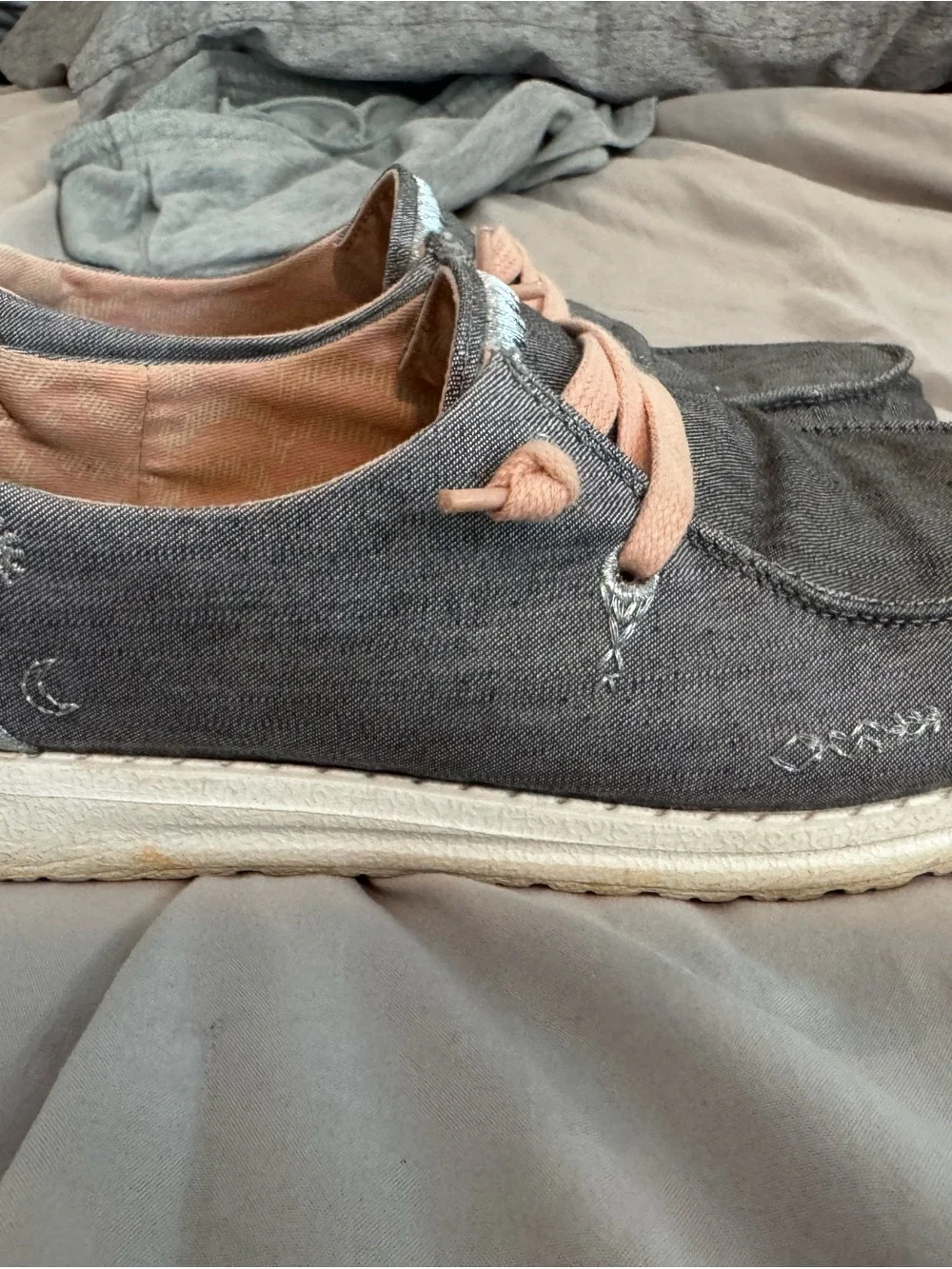 Hey Dude Gray Canvas Slip-Ons with Light Pink Laces